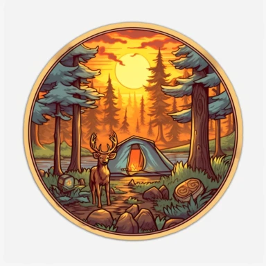 Sticker logo, featuring trees, lush foliage, and woodland creatures like deer or squirrels, capturing the essence of camping in nature, on transparent background free clipart, in the style of digital painting and drawing, 2d game art, scoutcore, anime-influenced, cabincore, high resolution, light sky-blue and dark maroon