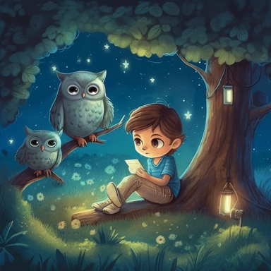 An illustration for a children's storybook of a heartwarming story of love and family. Visualize ​fantasy​ the sky is adorned with stars and a low-hanging crescent moon, their glow illuminating the scene below​ where a cute​ child rests on a plush bed of grass​. ​An amiable owl​ is ​perched on a neighboring tree branch, full body, children illustration, cartoon, clipart, mascot, isolated on white background