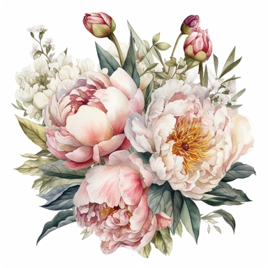 a bouquet with a few peonies clipart with white background, unimaginable beauty,white with little pink details in the centre of the bloom,An illustration clipart painted by ann buccarelli, watercolour, combo pale colours, insanely detailed, on white background, amazing colour combo, with detailed watercolor bloom, white/ pink/ green, bec winnel, intricately textured, close up, walter Langley, lucy grossmith, heavy impasto technique, detailed shading, atmospheric watercolours, on white background