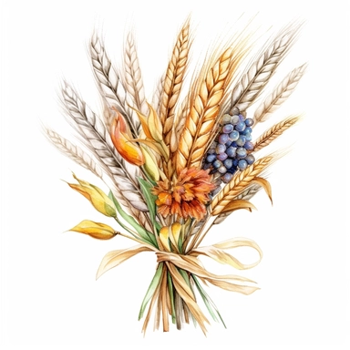 bouquet of wheat and cattails, wildflowers , color pencil sketch on a white background for clipart