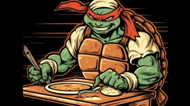 retro teenage mutant ninja turtles wearing chef attire while cooking pizza clipart, cartoon, color, dark outlines full body shot