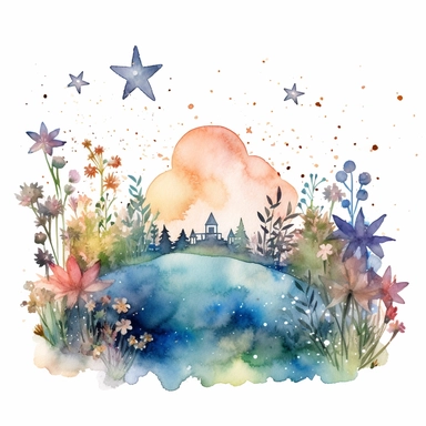 watercolor stars at twilight over flowers illustration clipart, in the style of use of boho tones, intricate storytelling, boho color palette, rounded, ephemeral installations, elaborate borders, romanticized depictions of wilderness, clipart, blank white background