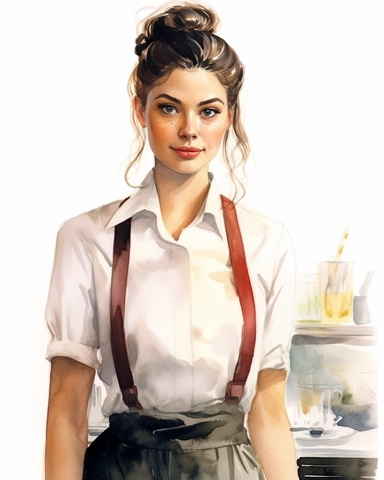 watercolour pretty lady brunette waitress behind counter hd clipart white background