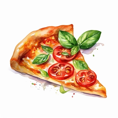 Tasty Pizza Slice Watercolor: A mouthwatering watercolor clipart featuring a delicious slice of pizza, topped with vibrant tomatoes, cheese, and basil. (Watercolor, no background)