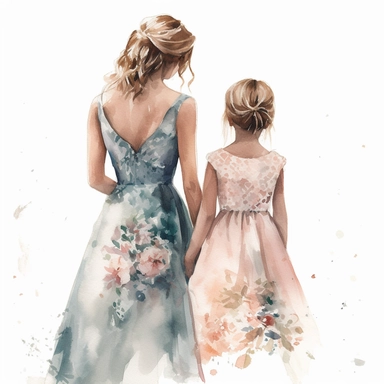 Mom and daughter wedding guests, from the back, clipart, watercolor, white background