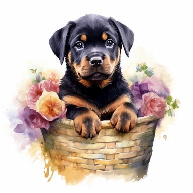 clipart watercolor, very cute Rottweiler puppy, sitting in a basket with flowers, full body, childlike, free brushwork, white background, high solution
