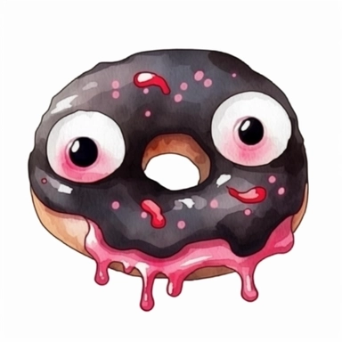 Halloween cute donut with eyes, dark pink and black color, watercolor, clipart, illustration, white background