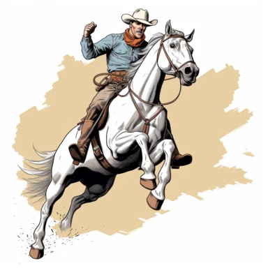clipart, 1950s handome white cowboy riding a bucking horse, wide angle, inspired by the”Lone Ranger” 1950s comic book, white background