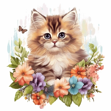 Vibrant Realistic Persian natural colors persian kittens various poses and modes with flowers boho style Clipart for a birthday card without text 300 dpi PNG format instant download for commercial use
