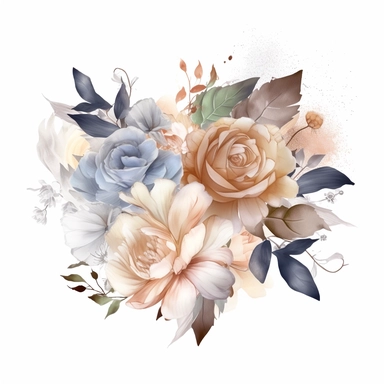 a clipart of a dim photorealistic silver and bronze pen outline of watercolor illustration of peonies and roses and lilies and carnations and small flowers and leaves floating in air on a white background, bright photo studio lighting, primarily colors are many shades of white and bronze and gold and navy blue and light pink, 4k, super detailed high definition, moody and pretty,