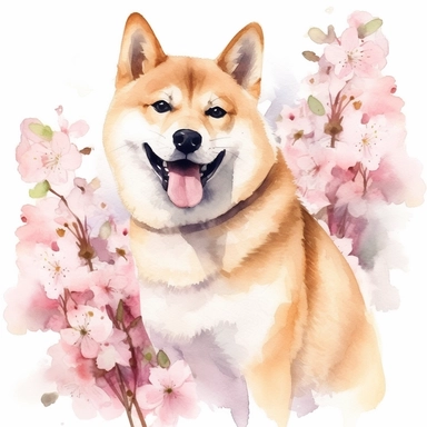watercolor dog shiba clipart , hight detail, cute, kawii , fresh Sakura, cheerful ,postcard