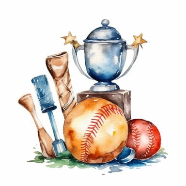Watercolor cute little baseball trophy related items , illustrations clipart set, simple, christmas colors , cartoon elements ,different variants , championship cupseparate elements with a margin, 4k, high resolution