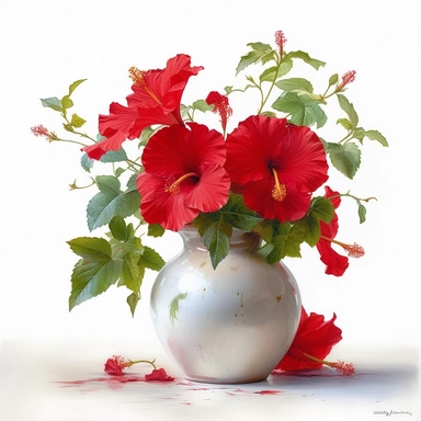 a simple gorgeous ceramic vase of red Hibiscus flowers and greenery on white background clipart, watercolor painting realistic, high quality, vibrant, Vicente Romero Redondo, Willem van Aelst, Elsa Beskow