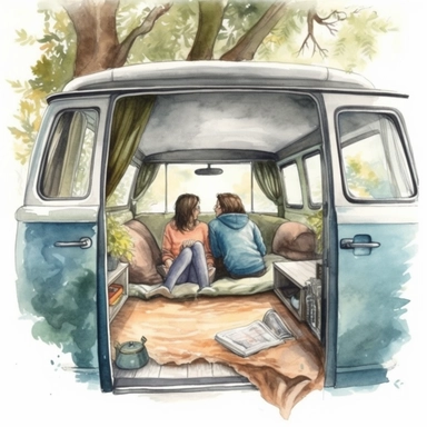 watercolor drawing and realistic look of a couple lying inside their cosy van, view from the back Doors of their van, clipart, white background, 8k, trees and leaves