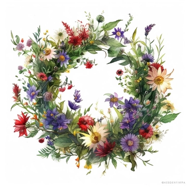 a simple gorgeous A wreath made with wildflowers and flowers and greenery on white background clipart, deep purple, emerald green, and ruby red color theme, watercolor painting realistic, high quality, vibrant, Vicente Romero Redondo, Willem van Aelst, Elsa Beskow