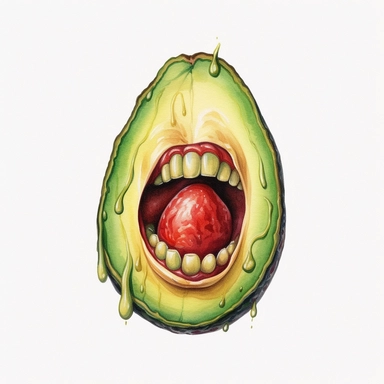 a demonic avocado cut in half with a seed that has sharp teeth and tongue sticking out, scary looking, photorealistic, hyperealistic, watercolor, white background, clipart, ultra high detail, ultrarealistic,