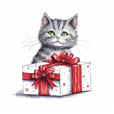 Axel scheffler illustration style cat christmas present, high definition, 16k, insanely detailed, fine detail, sharp focus, illustration, white background, isolated clipart vector