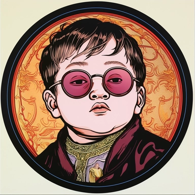 Jim Lee's drawing depicting a short chubby little round elf elvish bishop pope holy prophet Chinese young boy child with dark sunglasses, Mike Allred Josh Kirby, handpainted enamel retrowave, clipart illustration, circular frame solid background