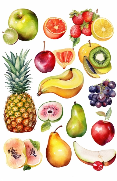 colorful hand drawn watercolor illustration set, realistic fruits icon set , vector clipart, in the style of Lois Van Baarle and Craig Mullins, in the style of Pixar, realistic hyper-detail on white smooth background with margins