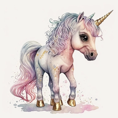 fantasy baby unicorn, clipart watercolor illustration, aquarallist, cute, big eyes, pretty pink, unicorncore, fairycore, free brushwork, watercolor, light and bright, four legs, gold horn, sparkle, skarklecore, detailed, isolated on a white background,