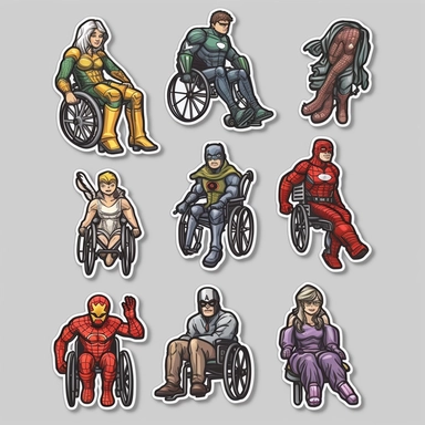 6 clipart elements, series of very hyperdetailed colorful stickers, cool people with disabilities, marvel style, superheros, each sticker with a clear white outline between each element, light grey background, realistic