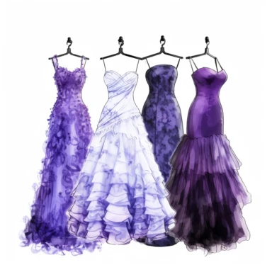 2d illustration of 4 prom dresses, fashion illustration, clipart, illustration, spaghetti strap dress with ball gown petticoat, purple lace, on mannequin, white background, 360dpi, chaos 90