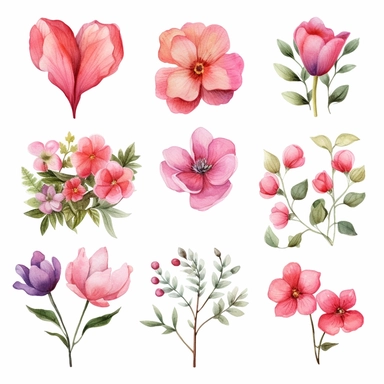 Charming watercolor clipart set featuring different pink flower species, portrayed from various angles, arranged in a heart-shaped composition, clipart on a white background.