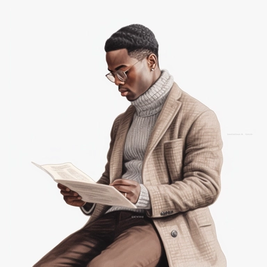 20 year old black man wearing turtleneck and tweed blazer university student reading a book illustration, soft neutral colors clipart, solid white background, high definition, 8k