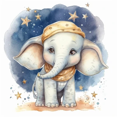 clipart de acuarela de dibujo infantil de elefante con luna y estrellas amarillassobre fondo trasero blanco, super detallado, 16k, full color, fotorealista, obra maestra, manchas de acuarela