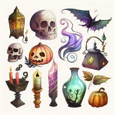 random halloween items. generate new ideas each time. some cartoonish design and some watercolor. and some of both. white background. no tags. CLIPART!!