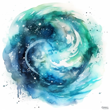 clipart style, watercolor scene of An otherworldly illustration of a celestial nebula with intense shades of blue and green. The swirling gas formations create an ethereal atmosphere, while sparkling stars illuminate the cosmic landscape with their brilliance, HD, on white background
