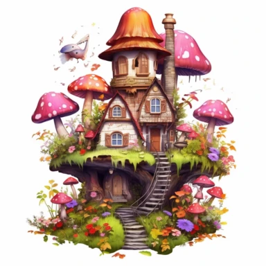 Clipart with white background of a Mushroom Fairy House. Show how the house changes with the seasons, such as spring flowers, autumn leaves, or a blanket of winter snow