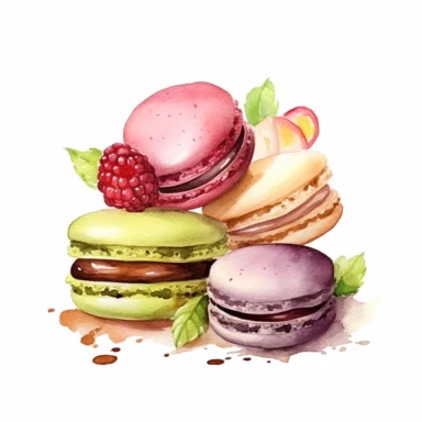 Macaroons with various fillings like raspberry, chocolate, and pistachio clipart, white background, watercolor sophisticated drawing