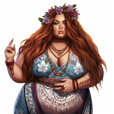 boho plus size woman, Hawaiian, modern, semi-realistic, spiritual, witchy, clipart, fantasy, white background, high quality, beautifully accurate illustrations
