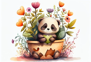 cute panda with heart flower in pot, watercolor style illustration, holiday clipart with cartoon character , .highly detailed, + cinematic shot + photo taken by sony + incredibly detailed, sharpen details + highly realistic + professional photography lighting + lightroom + behance photography unsplash
