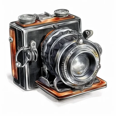 clipart of an old vintage camera facing forwardin the style of realism with no elements, , luis ricardo falero, highly detailed illustrations, 32k uhd, white background