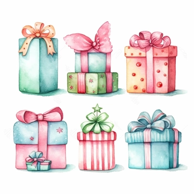 very simple watercolour childrens book style drawing of different isolated happy cute christmas gifts, pastel colours soft on white background for clipart, 8k