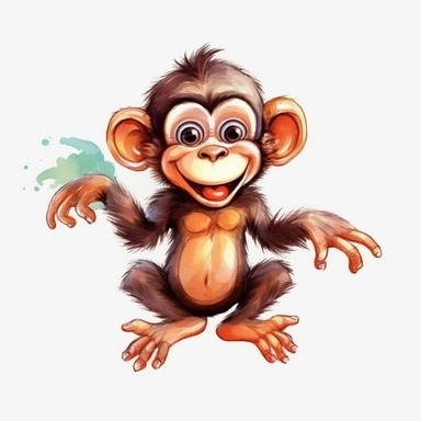 cartoon funny happy monkey illustration clipart, detailed, black outline, white background, 4k, watercolor, digital art