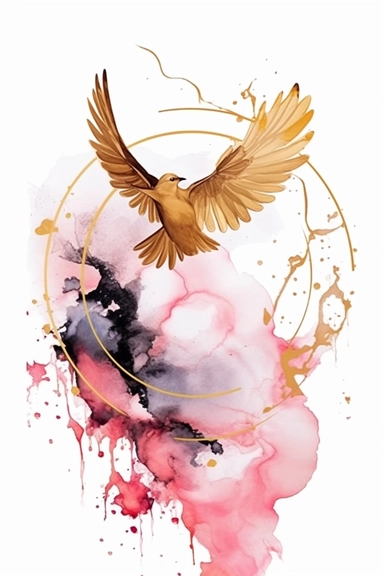 beautiful gorgeous alcohol ink of gold serene nature scene with a central focus on a pink eagle, gentle wave , minimalist style, crystals, glam, glossy, glitter texture, liquid ink clipart, modern and stylish design, bright colors, 300 dpi, clear decoration, clear white background, highly detailed digital art, 8k