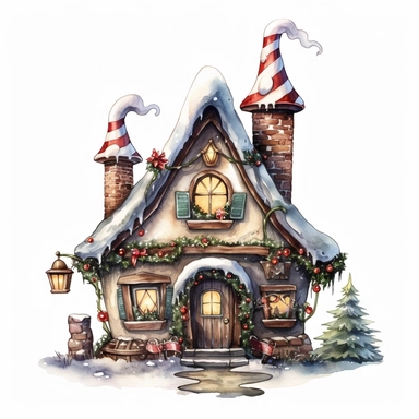 Cute Christmas elf house watercolor clipart