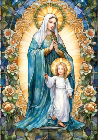 A sharp photograph of an expensive portrait, pay particular attention to the shape of your hands, less watercolor stained glass Madonna and child with matching crowns full body clipart, the Madonna is wearing a medium aquamarine blue mantle with bright white stars on it and the child is wearing a bright white robe, behind them is shimmering bright light, around many blue roses, highly detailed, white background, in the style of Catholic religious art, artist Andrea Lezcano, Vincent Van Gogh, in 