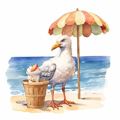 A watercolor clipart of a curious seagull stealing an ice cream cone from a sunbather on a tropical beach.