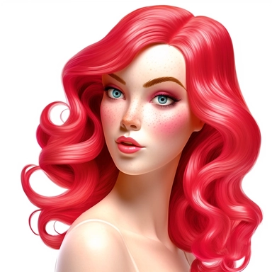 Beautiful pretty barbie doll style, red hair, paint art style, detail, clipart, white background, superrealistic, one of a kind