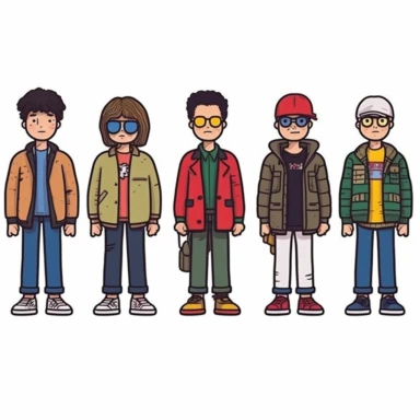 a set of clipart inspired by The Strokes at a Swiss boarding school as conceived by Wes Anderson and rich kids at an exclusive school and Funko Pop toys and 1980s action figures