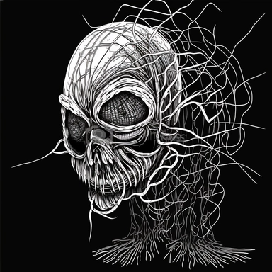 detailed black and white single line illustration of a Pestilence ghost (疠鬼. lìguǐ) harbored grudges in life and can cause disease and decay clipart