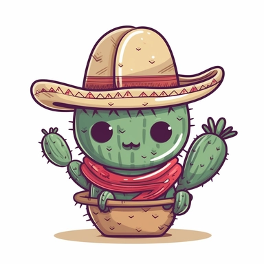 a cute cactus with a sombrero and a mustache, clipart design, super cute, isolated white background, high quality, 2d, vector, flat