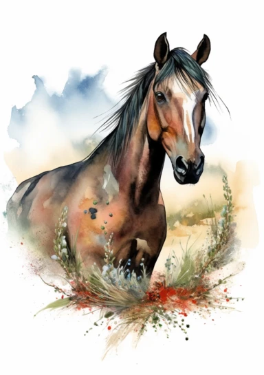 A spirited Mustang horse surrounded by a wreath of sagebrush and prairie grass, standing in a wide open prairie in the American West, artistic watercolor clipart, no cutoff