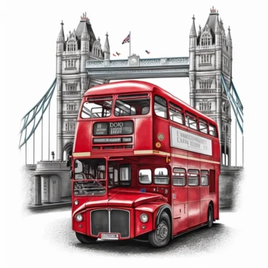 vibrant london red bus driving on tower bridge detailed colour pencil drawing clipart svg white background
