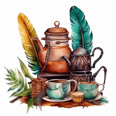 A boho style coffee corner with watercolor effect,boho style tools,boho style teapot,feathers,boho style details,boho colors,suitable for digital clipart,white background,boho style green plants