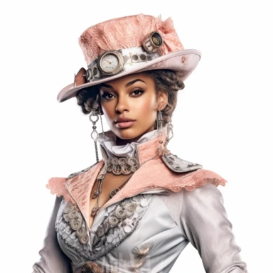 Solid white background. Waist-up portrait of an engaging steampunk lady with a captivating gaze. Her skin is a mesmerizing mulatto shade. She's dressed in a pastel salmon and silver ensemble, complete with Victorian-era lace and clockwork accessories, presenting a perfect blend of steampunk fashion. Her steampunk hat, equipped with a built-in clock, enhances her outfit. The background is free of steampunk elements. Pastel clipart, hyper-realistic, retro-futurism, solid white background